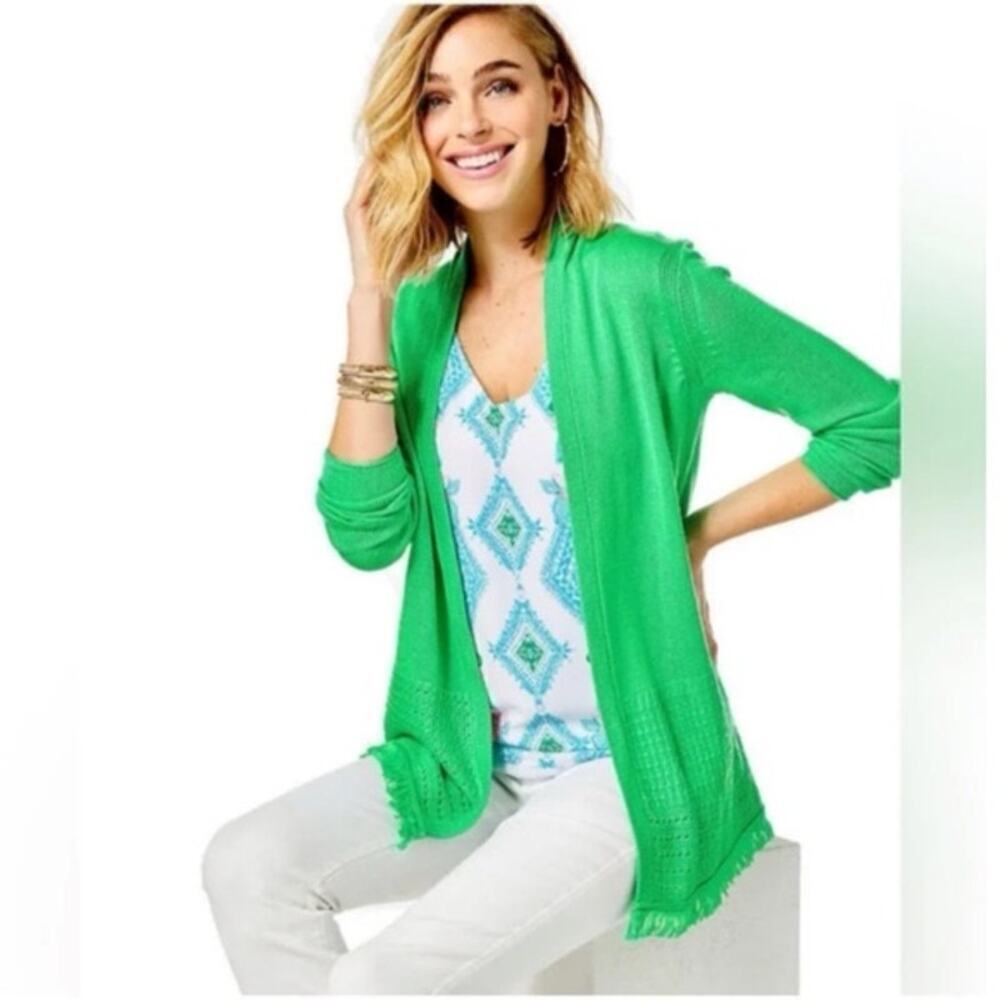 Lilly Pulitzer Cabana Green Open Front Noble Cardigan Fringe Size Medium